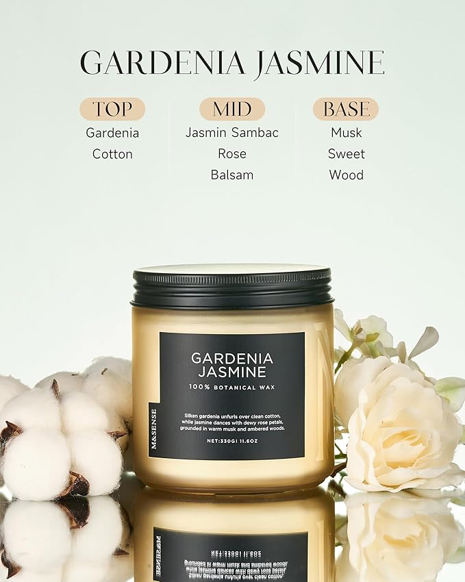 M&SENSE Gardenia Jasmine Scented Candle - 11.6oz Natural Soy Wax Clean Non Toxic 70-Hour Burn, 2-Wick Aromatherapy Candle for Bath & Office - Highly Scented Housewarming Gift for Mom Teacher Friends