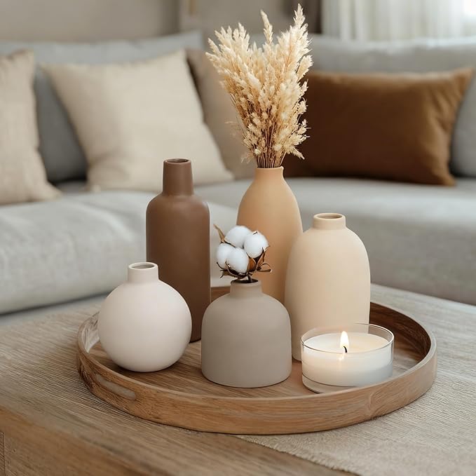 CUCUMI Ceramic Vase Set of 5, Vases Home Decor Rustic Farmhouse Decorative Vase Pottery Vases for Bouquet Pampas Grass Dried Fresh Flowers, Table Living Room Kitchen Bedroom Bathroom