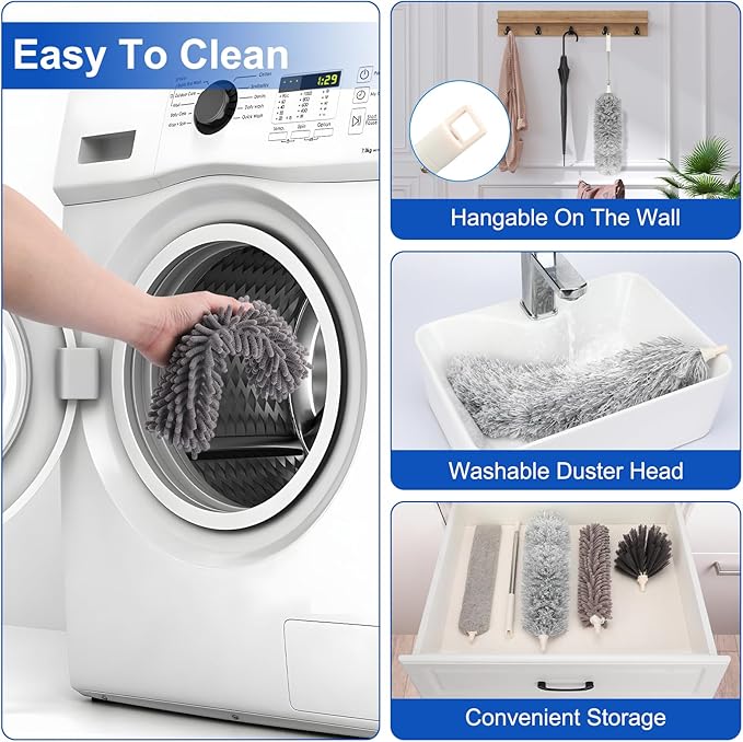 Microfiber Duster with Extension Pole(Stainless Steel) 30 to 100 Inches, Washable Dusters, Reusable Dusters, Bendable Duster for High Ceiling, Cleaning Ceiling Fan, Furniture, Blinds, Cars