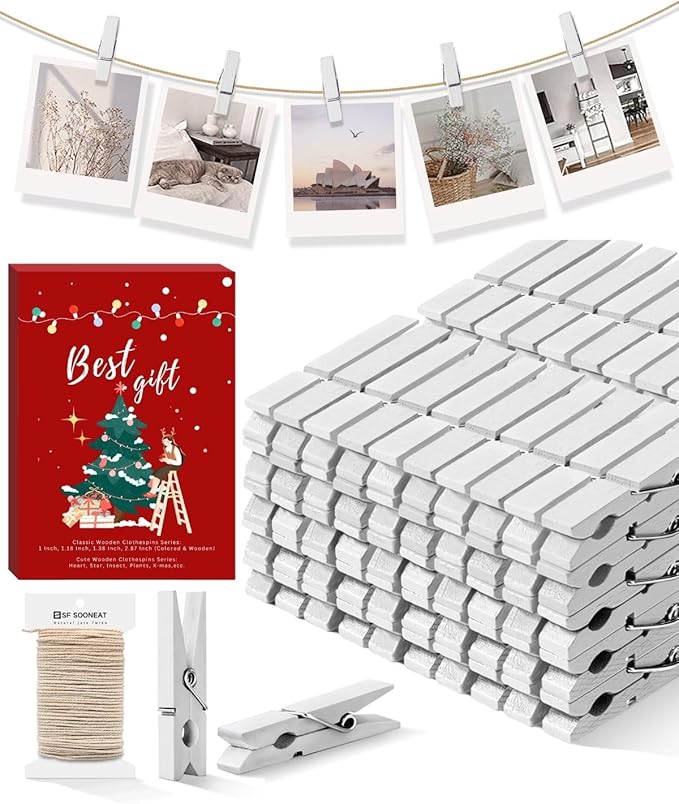 Clothes Pins Mini Clothespins White - 100 PCS Wooden Small Clothespins for Pictures with Jute Twine Tiny Photo Paper Clip, Ideal for Baby Shower, Crafts, Chip Clips, Home Office Decoration
