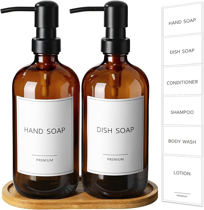 GMISUN Amber Glass Soap Dispenser, 2 Pack Bathroom Hand Soap Dispensers with Bamboo Tray, 17 Fl Oz Kitchen Hand and Dish Soap Dispenser Set, Modern Vintage Liquid Brown Soap Dispensers Bottle