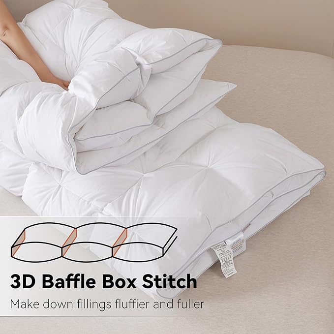 SNOWMAN Premium Down Comforter Queen Size, Luxurious All Season Duvet Insert with Cotton Blended Fabric, 37oz Fill Weight Pinch Pleat Design Hotel Bedding Comforter (White,90"x90")