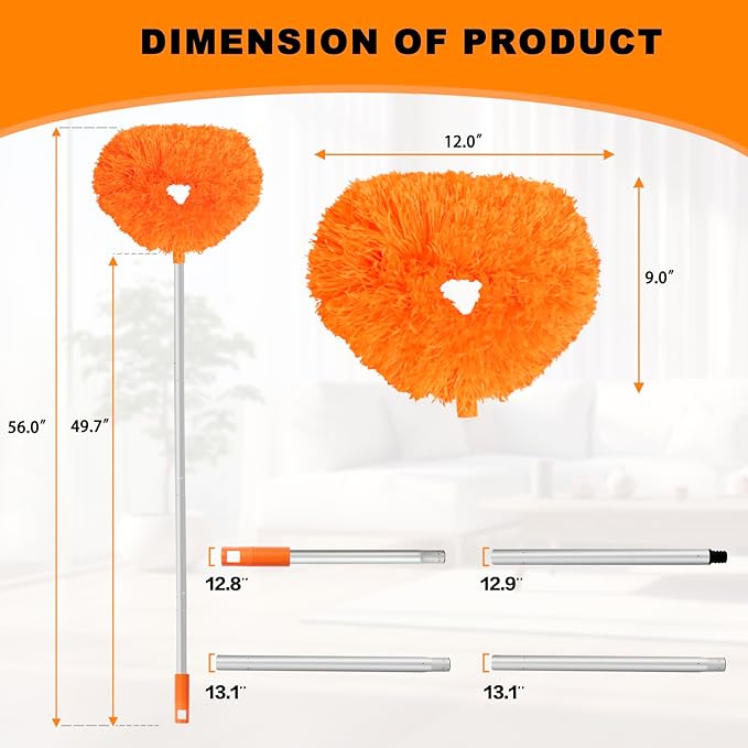 Ceiling Fan Cleaner Duster Reusable Microfiber Ceiling Fan Blade Cleaner Removable Duster with Extension Pole Adjusts 13 to 49.7 Inch for Cleaning Walls Bookshelves Furniture Door Window Top (Orange)