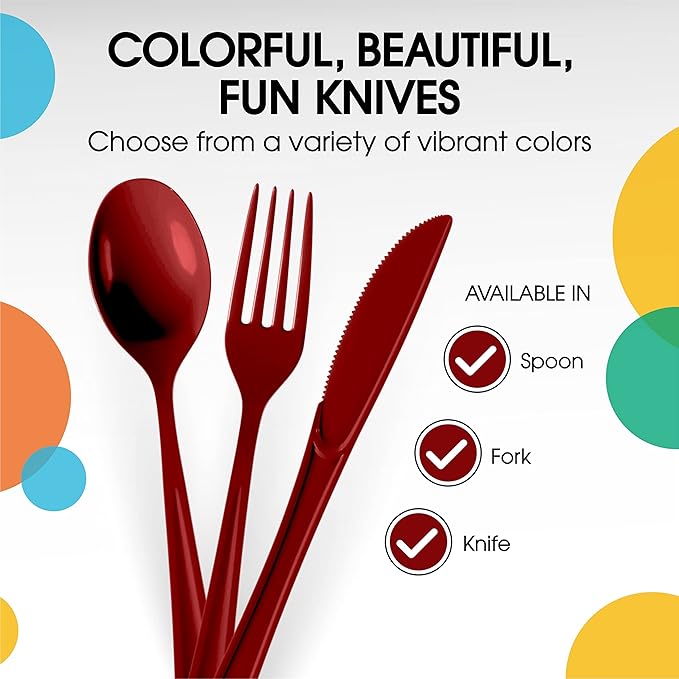 Party Solids Burgundy Plastic Knives 200 Pcs Burgundy Knives Disposable Utensils Heavy Duty Plastic Cutlery Set Disposable Cutlery Sets Flatware Sets Silverware Set Party Supplies & Party Tableware