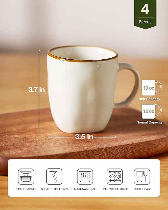 famiware Coffee Mugs Set of 4, Ocean Square 13oz Coffee Cup Set with Handle for Cocoa, Milk, Hot Chocolate, Tea, Water, Stoneware Cups for Kitchen, Microwave and Dishwasher Safe, Vanilla White