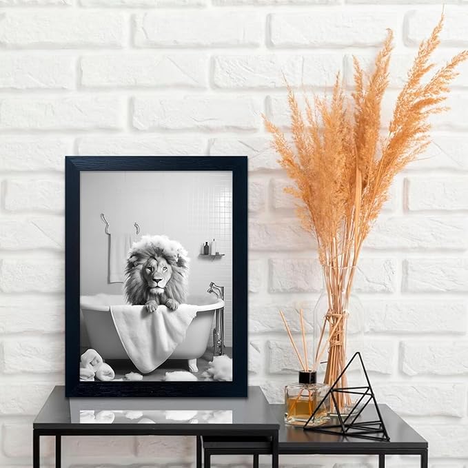 Black and White Lion Canvas Wall Art Bathroom Pictures Paintings for Wall Decor Funny Bathroom Wall Art Framed Animal Print Artwork