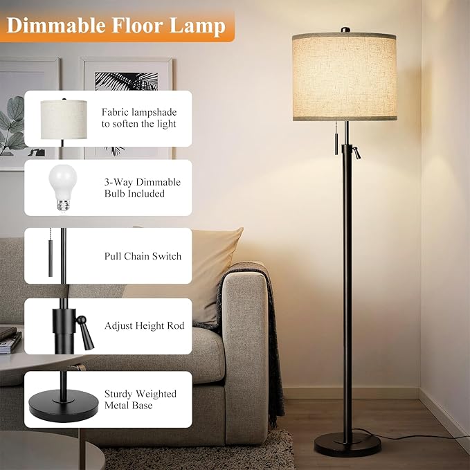 Adjustable Height Floor Lamp for Living Room, Black Standing Lamp for Bedroom Office, Modern Tall Lamp with Linen Shade, 3-Way Dimmable 8W 3000K LED Blub Included (Black)