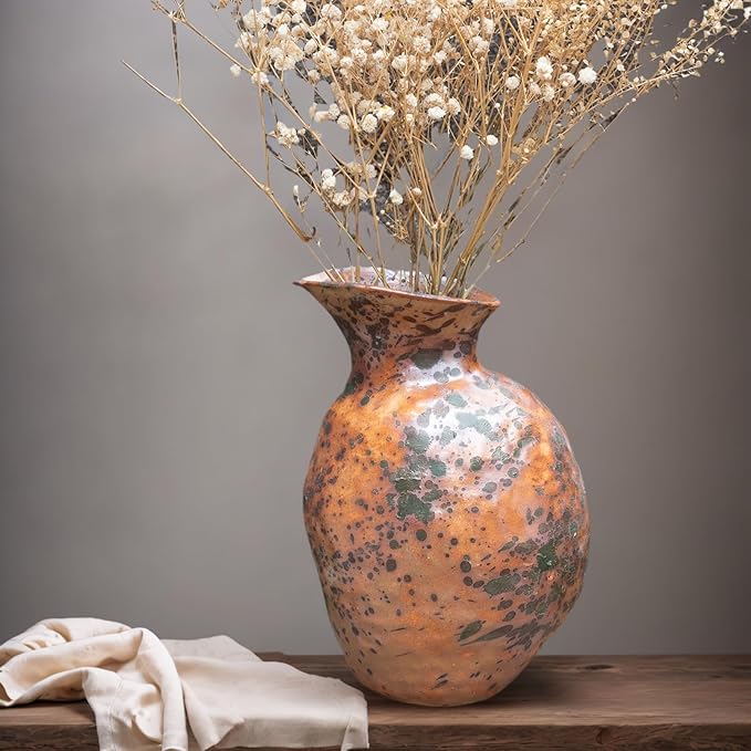 Rustic Pottery Ceramic Vase - Vintage Farmhouse Style Decor, White Grid Ceramic Vases for Home Decor, Modern Farmhouse Decor (Grey and green)