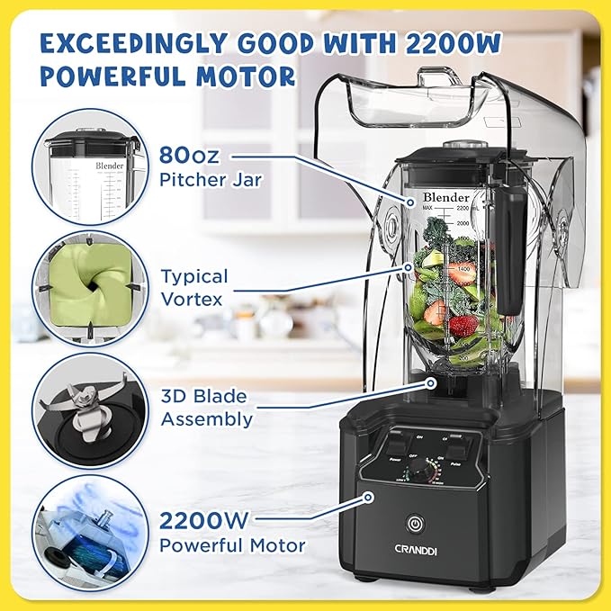 CRANDDI Quiet Commercial Blender with Soundproof Shield, 2200 Watt Professional Blenders for Kitchen with 80oz Pitcher and Self-Cleaning, High-Speed Blenders K90 Grey