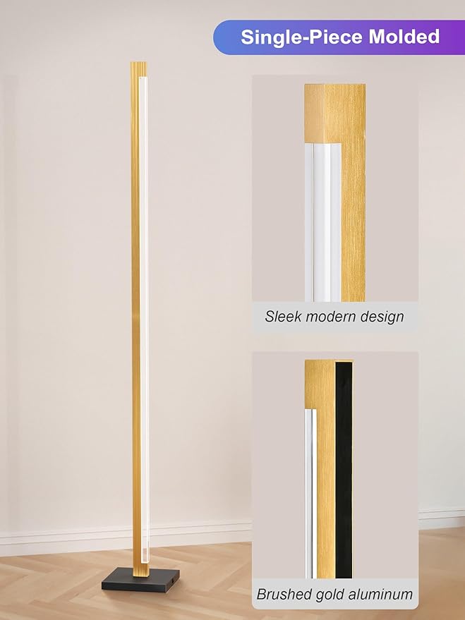 Aluminum Floor Lamp with Remote, Gold LED Corner Floor Lamp with Alexa, 3000K and RGB CCT Smart Corner Lamp with DIY Music Sync and 16 Million Colors, dimmable Standing Lamp for Bedroom Living Room