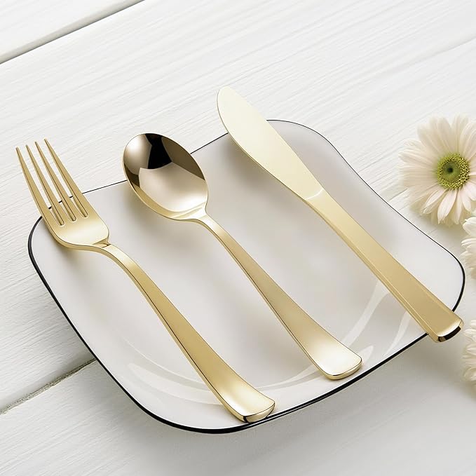 144 Pack Gold Premium Plastic Cutlery Disposable Silverware Set - 48 Forks, 48 Knives, 48 Spoons - For Catering, Parties, Dinners, Weddings, and Everyday Use, Plastic box packaging