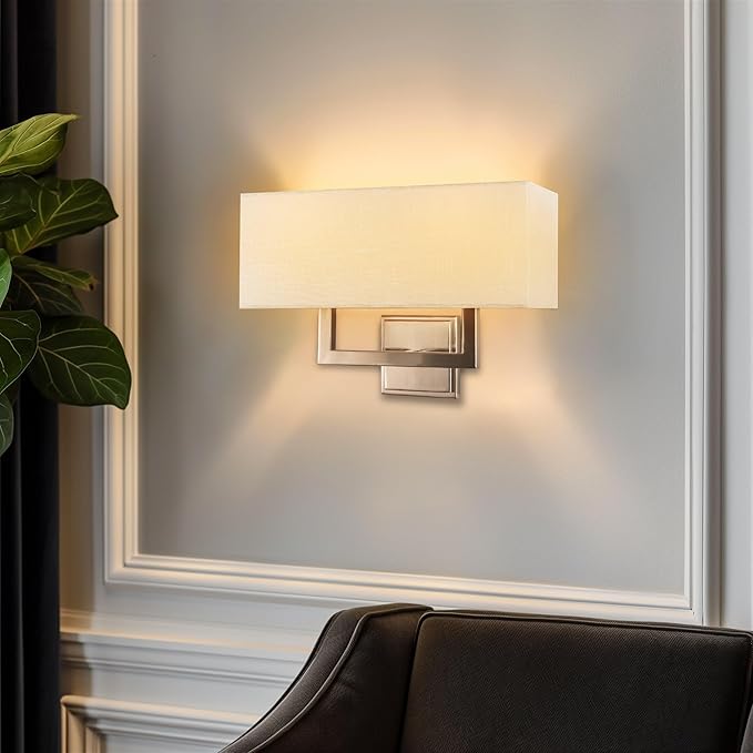 Kira Home Haven 16" 2-Light Modern Wall Sconce/Wall Light + Rectangular White Fabric Shade, Brushed Nickel Finish