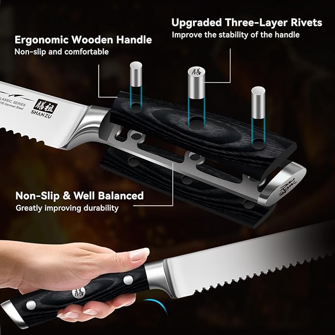 SHAN ZU 8" Bread Knife - Sourdough Slicing Knife Professional German 1.4116 Stainless Steel Serrated Blade, Ergonomic Wood Handle & Full Tang Design, Gift Box Included(Single-Edge)