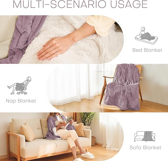 LUXIAN Electric Heated Blanket Twin Size 62"x84" - Microplush & Sherpa Fabric Dual-Sided, 6 Heat Settings & 1-10 Hours Auto Off, Cozy Warming Throw for Home, Office, or Bed, Machine Washable,Lavender