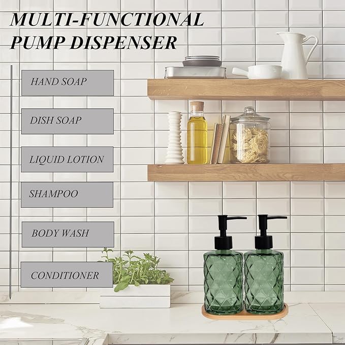 Glass Hand and Dish Soap Dispenser Set of 2 with Plastic Pumps, Bamboo Tray, 12oz Green Bathroom Soap Dispenser with Diamond for Hand Wash & Dish Wash, Ideal for Bathroom Kitchen Countertop