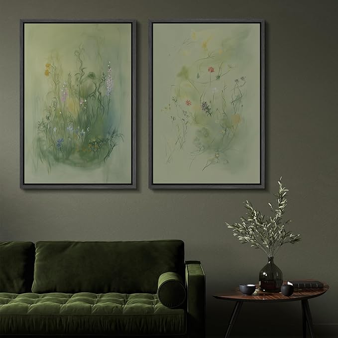 SIGNFORD Framed Canvas Print Wall Art Set Whimsical Green Wildflower Illustration Modern Art Decorative Nordic Nature for Living Room, Bedroom, Office - 24"x36"x2 Black