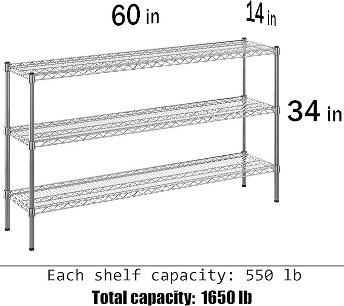 14" Deep x 60" Wide x 34" Height Wire Shelving Kit | 3-Tier | NSF Commercial Storage Rack Unit