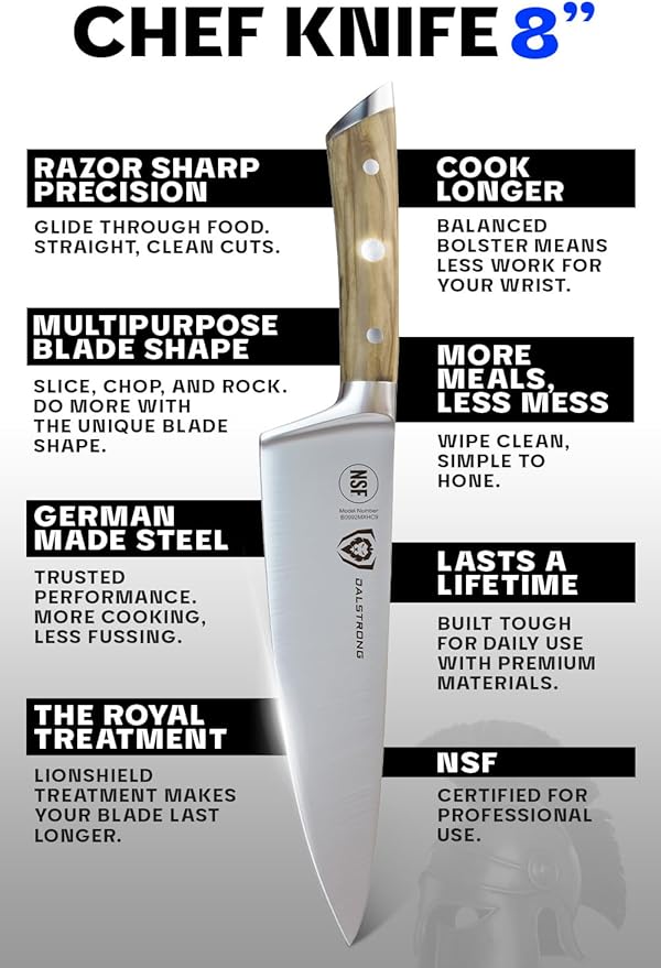 Dalstrong Chef Knife - 8 inch Blade - Gladiator Series - Forged High Carbon German Steel - Razor Sharp Kitchen Knife - Professional Full Tang Knives - Olive Wood Handle - Sheath - NSF Certified