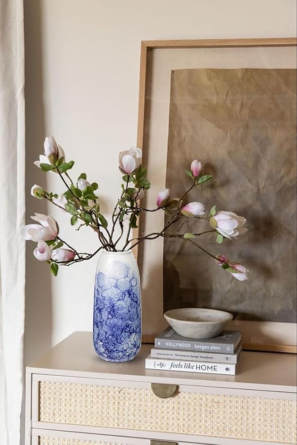 Oairse Blue and White Ceramic Vase, Chinoiserie Porcelain Flower Vase 9" for Centerpieces, Living Room, Dining Table Home Decor, Style 2