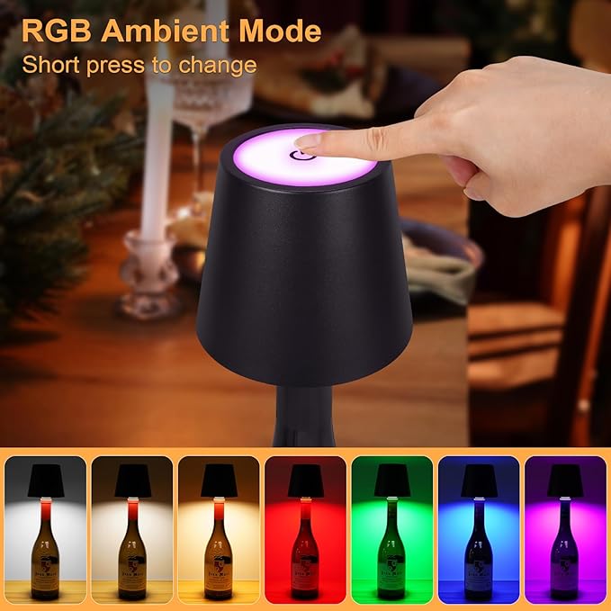 DUSKTEC Wireless Wine Bottle Lampshade, 8 RGB Light Modes, Light Temperature 3000-6500K, Rechargeable Touch Wine Bottle Lamp, Portable Wireless Bottle Lamp, Bar Lights, Party, Gift (Black, 2PCS)