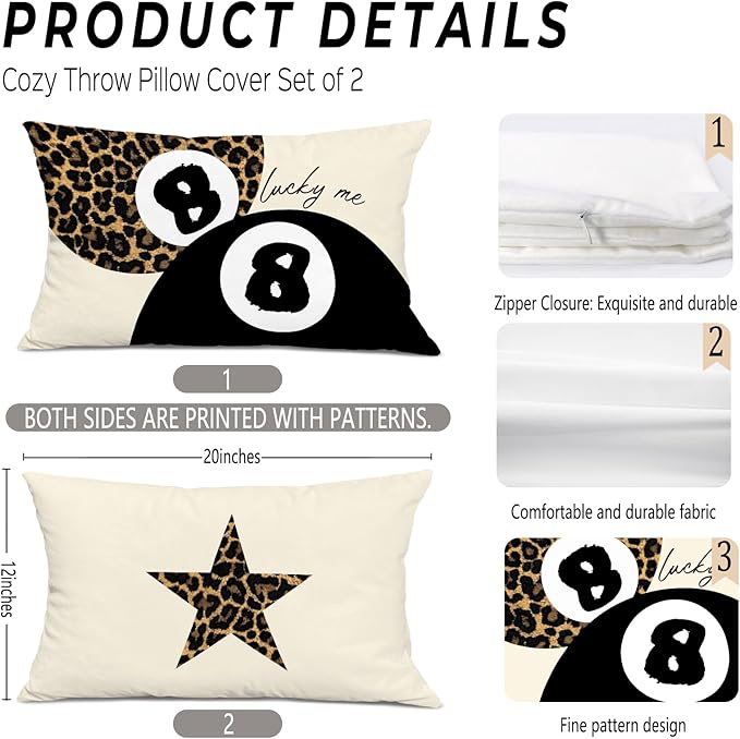 Preppy Pink Lucky 8 Ball Leopard Throw Pillow Covers 20x12,Cheetah Print Room Decor, Trendy Funky Y2K Leopard Print Motivational Decorative Pillow Covers for Girls Room Dorm Apartment,Set of 2