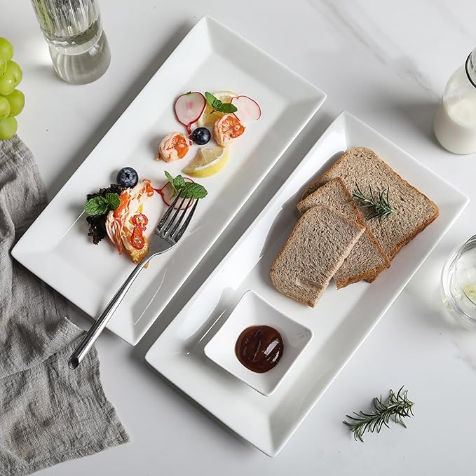 Rectangular Serving Platters Set, 12 Inch Large Ceramic Serving Plates, Stackable Serving Tray, Porcelain White Serving Platter for Appetizer, Sushi, Dessert, Snacks, Steak, Dishwasher Safe (4PCS)