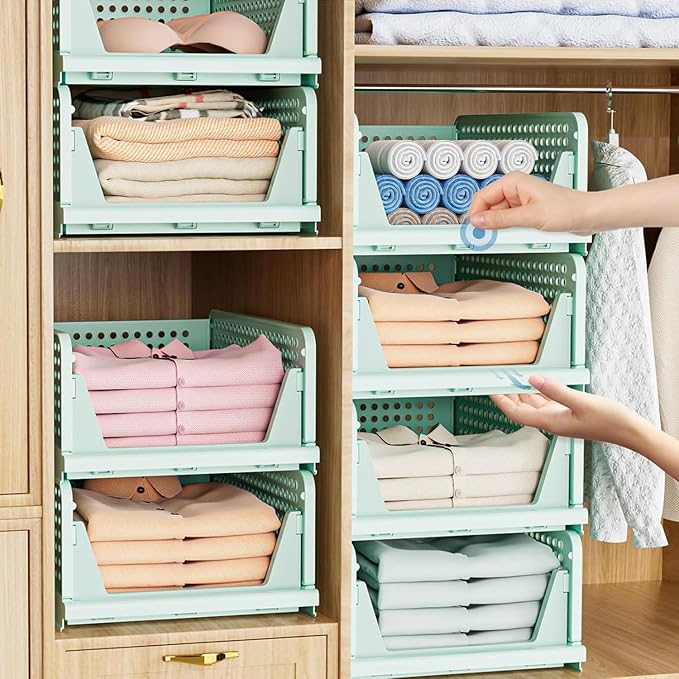 5 Pack Folding Closet Organizers Storage Box, Stackable Storage Bins, Plastic Drawer Basket Closet Storage for Wardrobe Cupboard Kitchen Bathroom Office 5L (Green)
