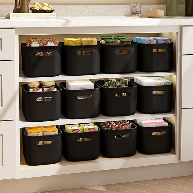 8 Pack Black Storage Bins for Shelves, Plastic Storage Containers for Organizing, Stackable Storage Boxes with Handle, Black Storage Bins for Classroom, Craft, Snacks, Cabinet, 9.7x6.7x5.7inch