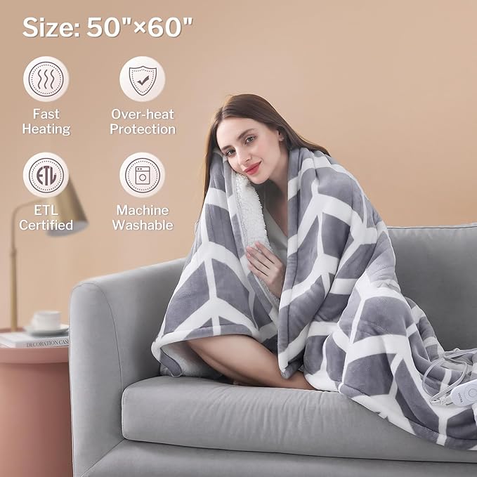 VENTIMI Electric Blanket Heated Throw, 50" x 60" Heated Blanket with 5 Heat Levels & 3 Hours Auto Off, Fast Heating Blankets with ETL & FCC Certification, Grey