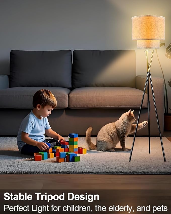 Lightdot Gold Tripod Floor Lamp, Modern Floor Lamp for Living Room, Standing Lamp with Linen Shade, E26 Bulb Included, 66" Tall Floor Lamps for Bedroom, Home Office