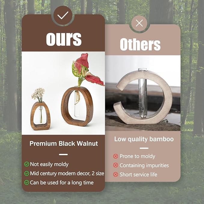 Solid Wood Frame Glass Test Tube Vase Desk Hydroponic Plant, Enhances Home and Office Environment, Small Size (Small)