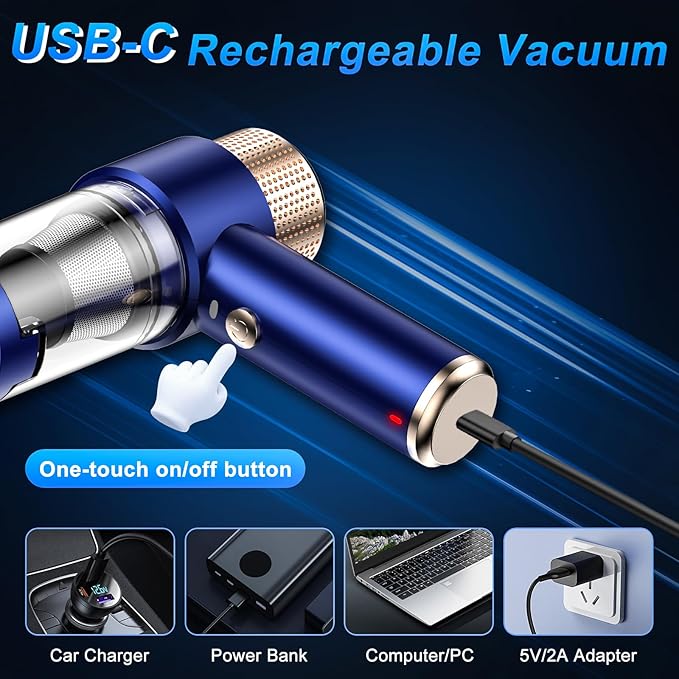 Mini Vacuum Cleaner, 15000PA Car Vacuum Cleaner Portable Cordless with LED Light, 4 in 1 Air Duster and Handheld Small Vacuum Rechargeable for Car, Home, Office, Pet(Blue)