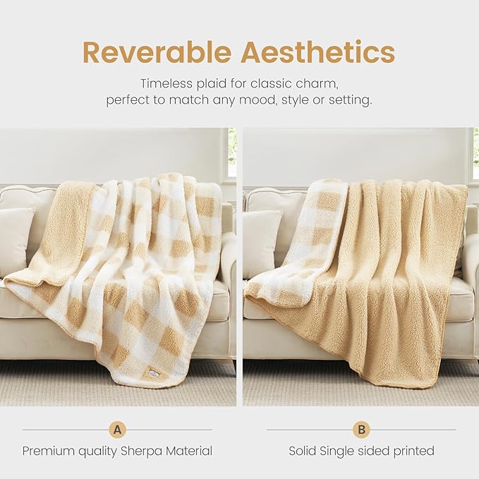 Cozy Bliss Luxury Sherpa Throw Blanket for Couch, Premium Reversible Buffalo Plaid Thick Throw, Warm Cozy Soft Blanket for Home and Gifts (Beige, 60" x 80")