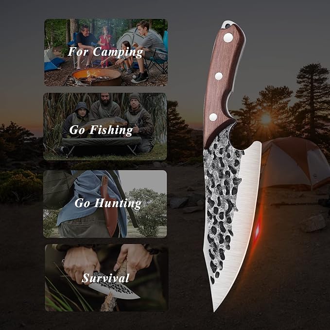 Huusk Viking Knife with Sheath - Hand Forged Boning Knife for Meat Cutting, Japanese Chef Knives for Kitchen, Outdoor Camping, Christmas Gifts Idea
