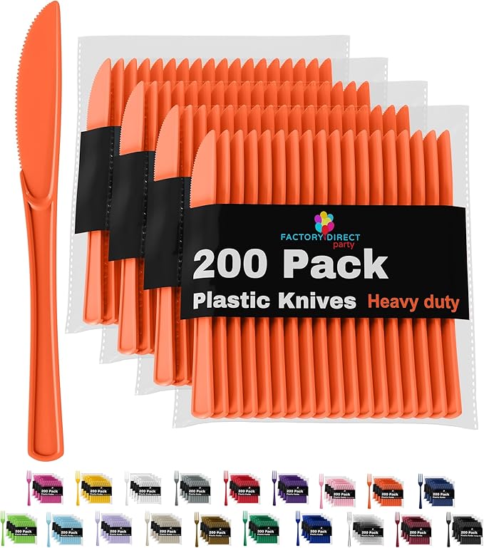 Party Solids Orange Plastic Knives 200 Pcs Orange Knives Disposable Utensils Heavy Duty Plastic Cutlery Set Disposable Cutlery Sets Flatware Sets Silverware Set Party Supplies & Party Tableware