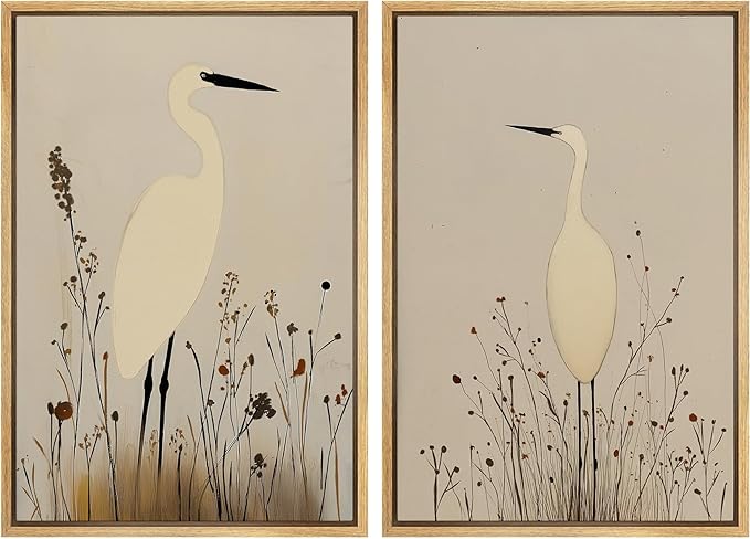 SIGNFORD Framed Canvas Print Wall Art Set Minimalist Heron Art Simplified Shapes in Neutral Tones Illustration Modern Art Decorative Nordic Nature for Living Room, Bedroom, Office - 24"x36"x2 Natural
