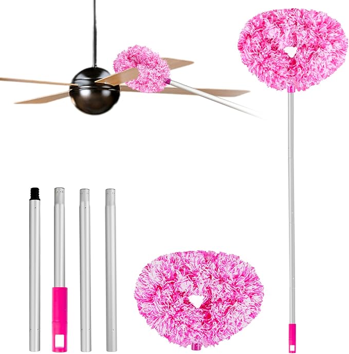 Ceiling Fan Cleaner Duster Reusable Microfiber Ceiling Fan Blade Cleaner Removable Duster with Extension Pole Adjusts 13 to 49.7 Inch for Cleaning Walls Furniture Door Window Top (Rosy White)