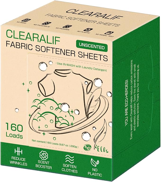 CLEARALIF laundry Fabric Softener Sheets, Unscented, 160 Loads, Eco Friendly, Great For Travel, Apartments, Dorms.