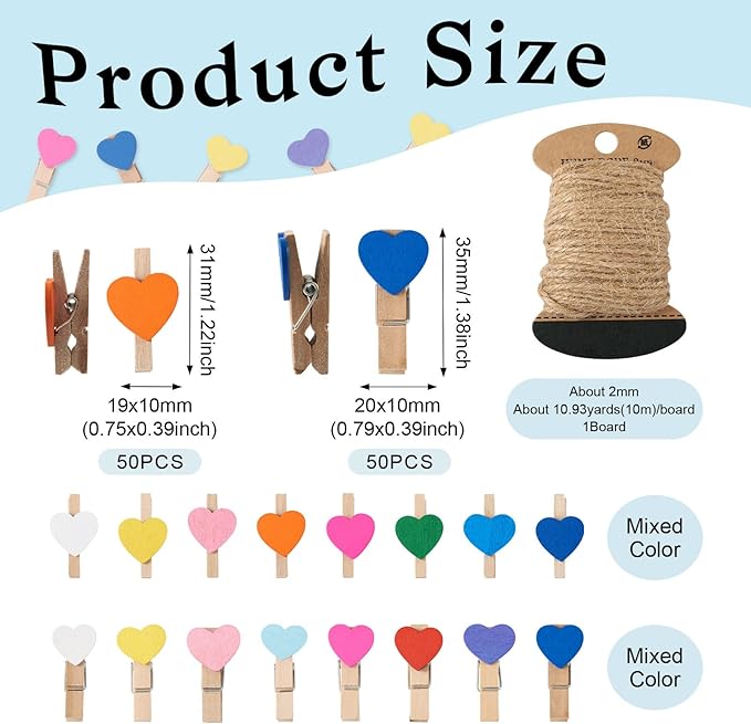 Pandahall 100Pcs Wooden Heart Clothespins Mini Photo Clips Photo Paper Pegs Clips Mixed Color Clothes Pins Holiday Card Holder Display with 10.9 Yards Jute Twine