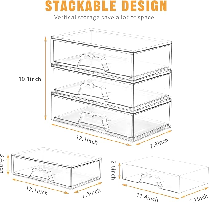 3 Pack Stackable Makeup Organizer, 12.1''L Acrylic Bathroom Organizer and Storage Undersink Drawer, Cosmetics and Beauty Supplies,Clear Plastic Storage Bins for Vanity,Pantry,Desk,Cabinet,Kitchen