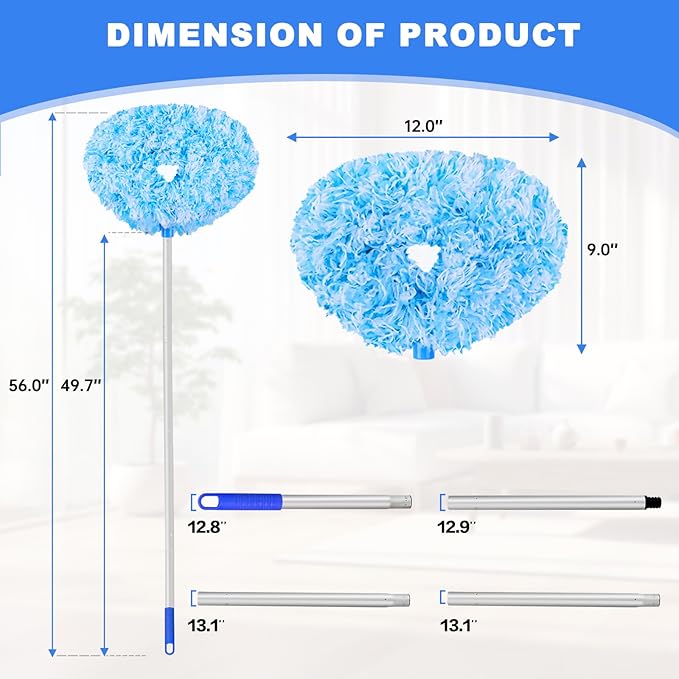 Ceiling Fan Cleaner Duster Reusable Microfiber Ceiling Fan Blade Cleaner Removable Duster with Extension Pole Adjusts 13 to 49.7 Inch for Cleaning Walls Furniture Door Window Top (Blue White)