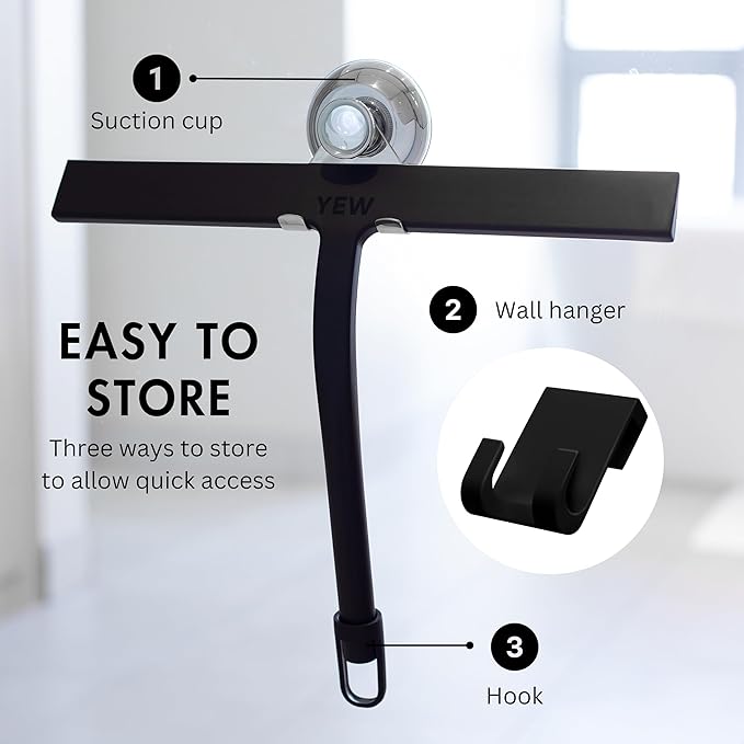 11 inch Squeegee Set with Over Wall Hanger, Suction Cup, and Hook, Glass Cleaning Squeegee for Shower Doors, Windows, Glass Doors, Bathrooms, Mirrors, Car Windshield - Matte Black