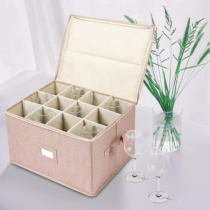 popoly Wine Glass Storage Box 2 Pack, Stemware Storage Containers Cases with Dividers, Stackable Moving Supplies for 12 Wine Glasses, Drinkware, Glassware or Crystal (Beige)
