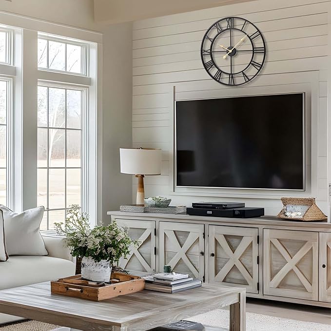 Vantic 32 Inch Large Wall Clock, Roman Numeral Metal Oversized Wall Clocks for Living Room Decor, Bedroom and Kitchen, Completely Silent, Non Ticking, Battery Operated