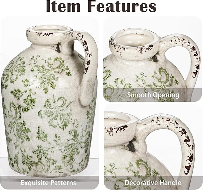 Ceramic Rustic Farmhouse Vase, 9 inch Ceramic Green and White Vase for Centerpieces Pampas Grass Pottery Jug with Handle Boho Chinoiserie Decor Vintage Vases for Living Room Kitchen Dinner Table Shelf