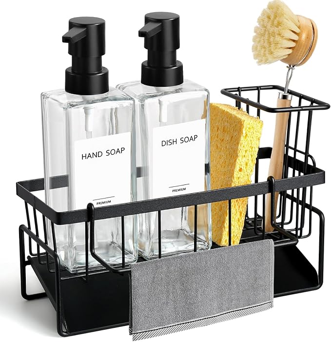 GMISUN Kitchen Soap Dispenser Set, 12 fl oz / 350 ml Dish Soap Dispensers with Sponge Holder, Customized Clear Glass Dish soap Dispenser for Kitchen, Modern Soap Dispensers Set Removable