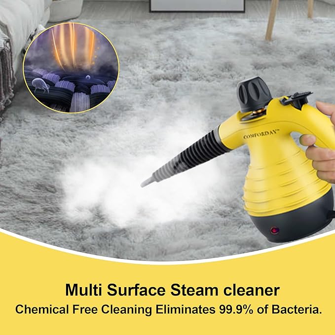 Comforday Multi-Purpose Handheld Pressurized Steam Cleaner with 9-Piece Accessories, Perfect for Stain Removal, Curtains, Car Seats, Floor, Carpet, Window Cleaning