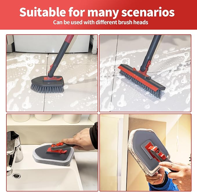 Tile Tub Scrubber Brush No Scratch with 4 Different Function Cleaning Heads and 51" Long Handle- Shower Scrubber for Cleaning Bathroom Kitchen Toilet Wall,Bathtub,Sink,Floors, Walls, mats, Ceilings