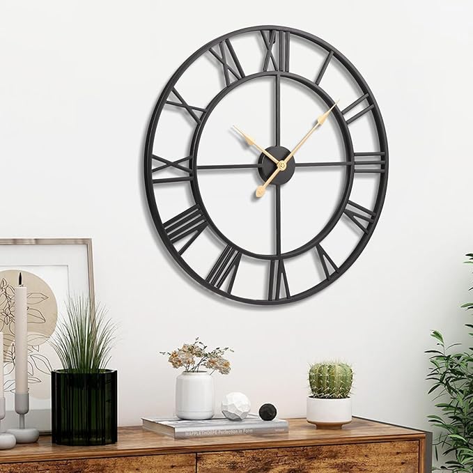 Vantic 24 Inch Large Wall Clock, Roman Numeral Metal Oversized Wall Clocks for Living Room Decor, Bedroom and Kitchen, Completely Silent, Non Ticking, Battery Operated