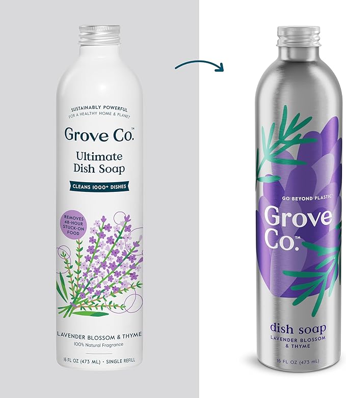 Grove Co. Ultimate Dish Soap Refills (3 x 16 Fl Oz) Removes 48-hr Stuck-on Food and Grease, Plastic Free Cleaning Products, 100% Natural Lavender Blossom & Thyme Fragrance